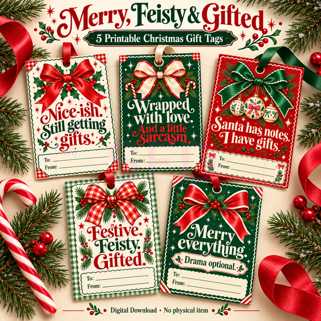Merry, Feisty & Gifted | 5 Funny Printable Christmas Gift Tags | Digital Download