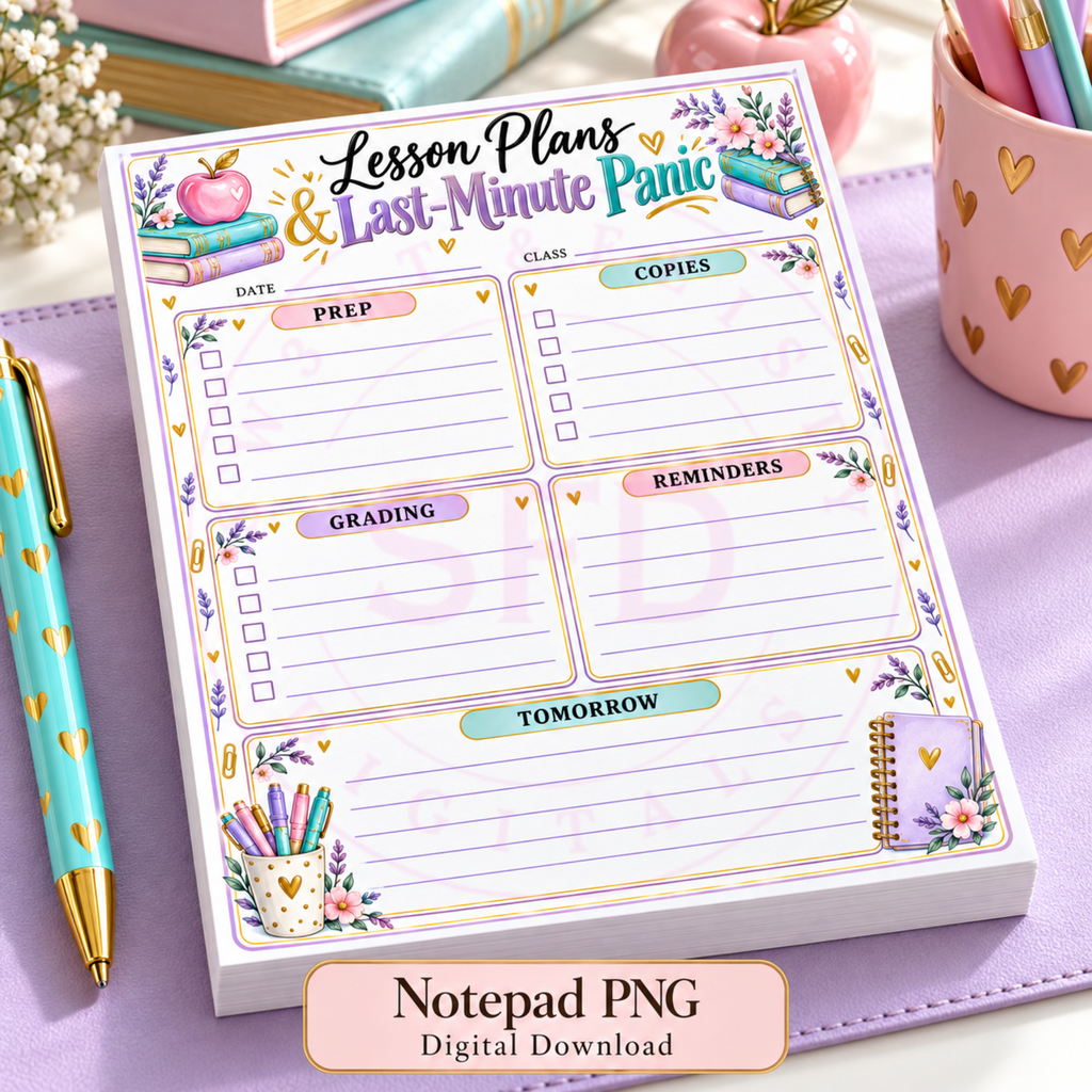 Lesson Plans & Last-Minute Panic | Printable Teacher Notepad PNG