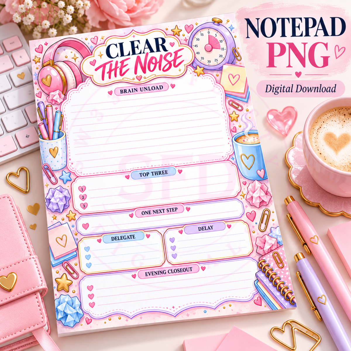 Clear the Noise Daily Reset Notepad PNG | Brain Dump & Productivity Planner Printable