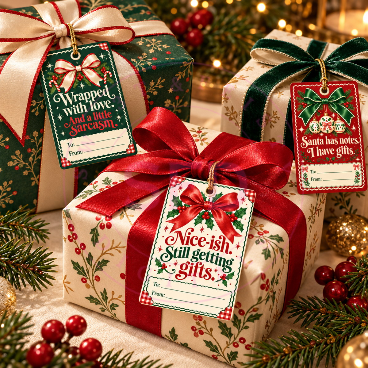 Merry, Feisty & Gifted | 5 Funny Printable Christmas Gift Tags | Digital Download