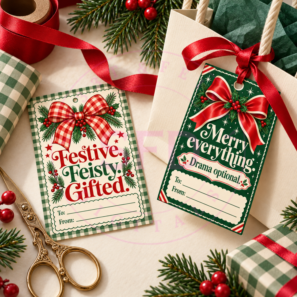Merry, Feisty & Gifted | 5 Funny Printable Christmas Gift Tags | Digital Download