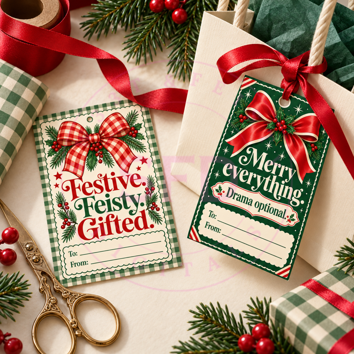 Merry, Feisty & Gifted | 5 Funny Printable Christmas Gift Tags | Digital Download