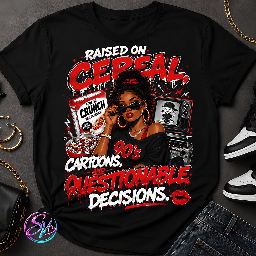 Raised on Cereal Cartoons Questionable Decisions Tee