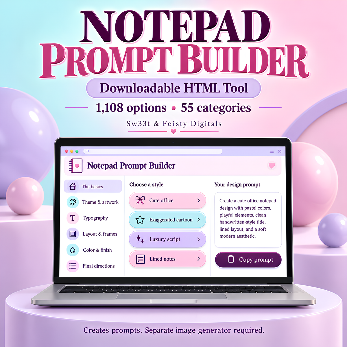 Notepad Prompt Builder | 1,100+ Design Options | Downloadable HTML Tool