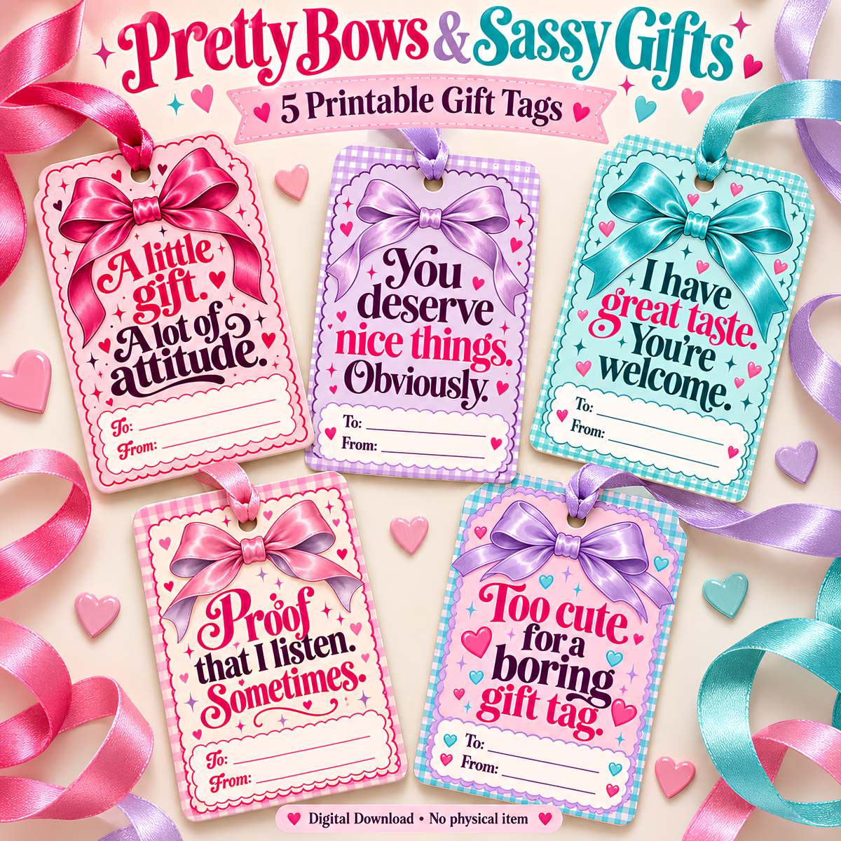 Pretty Bows & Sassy Gifts | 5 Printable Gift Tags | Digital Download