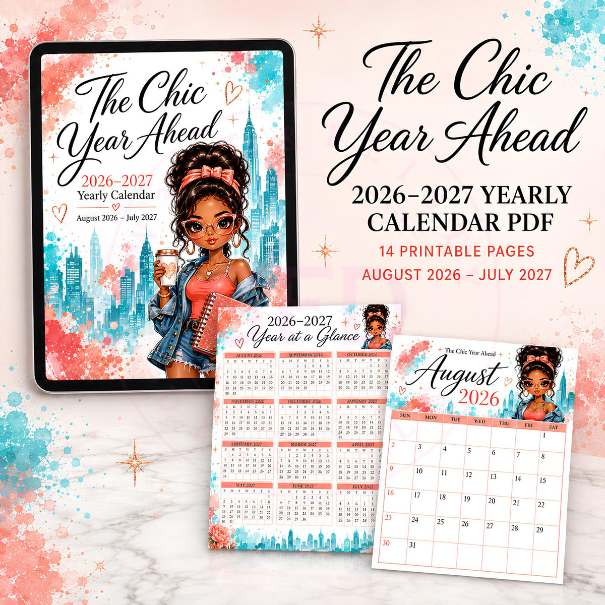 The Chic Year Ahead Calendar PDF | Printable Monthly Calendar | August 2026–July 2027