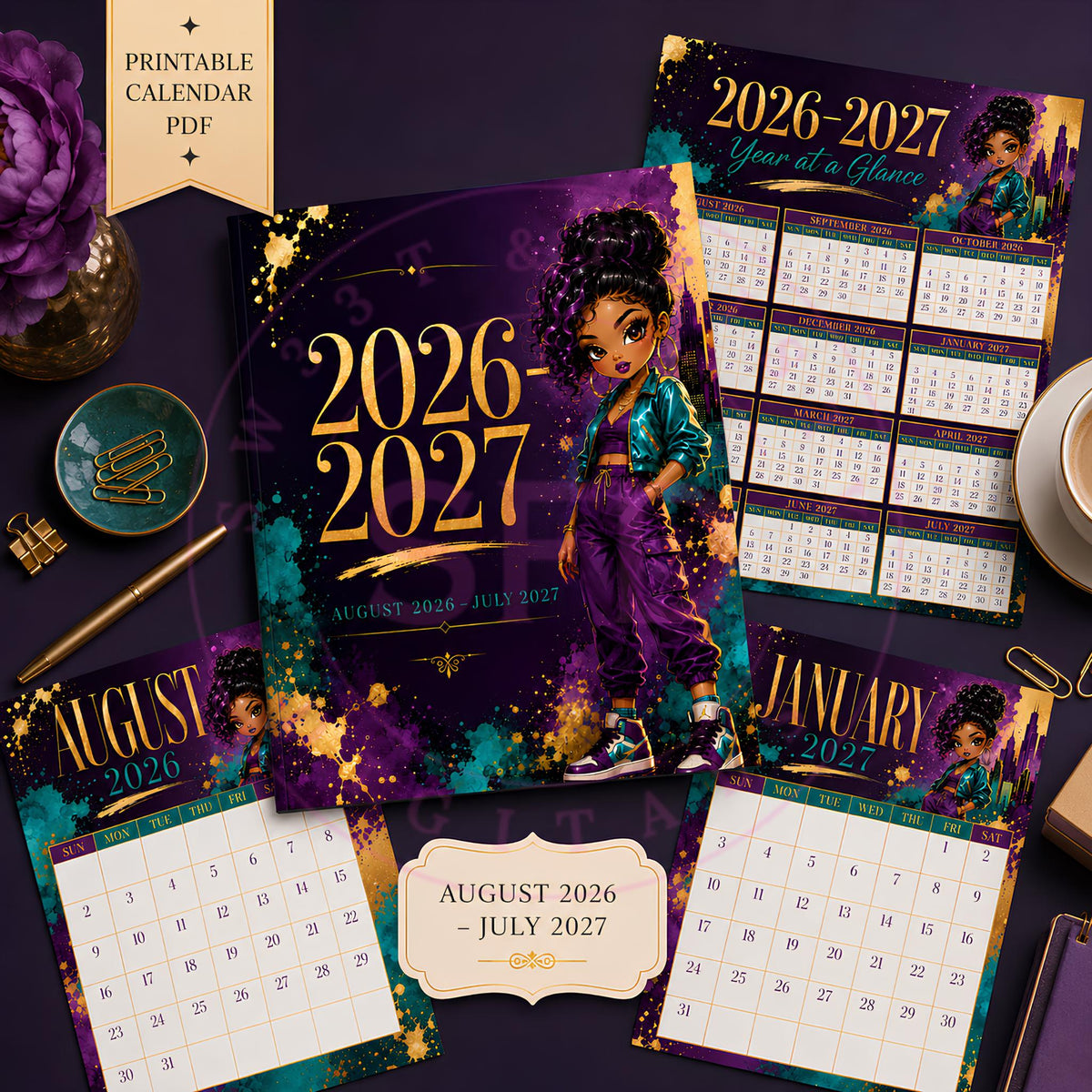 City Luxe 2026–2027 Calendar | Urban Glam Printable Monthly Calendar PDF