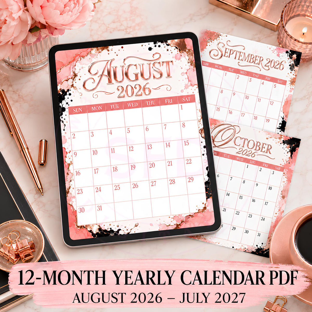Blush & Bold Rose Gold Monthly Planner, August 2026–July 2027, Printable Digital Download