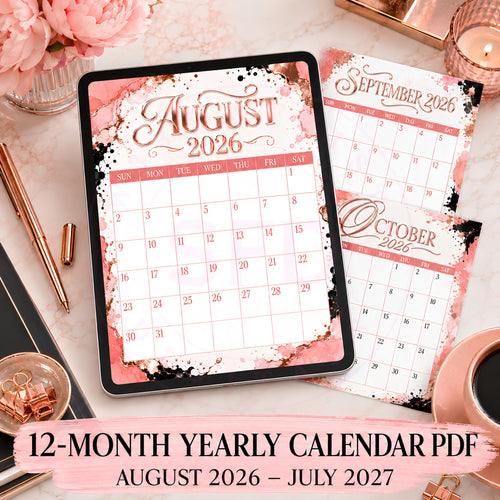 Blush & Bold Rose Gold Monthly Planner, August 2026–July 2027, Printable Digital Download