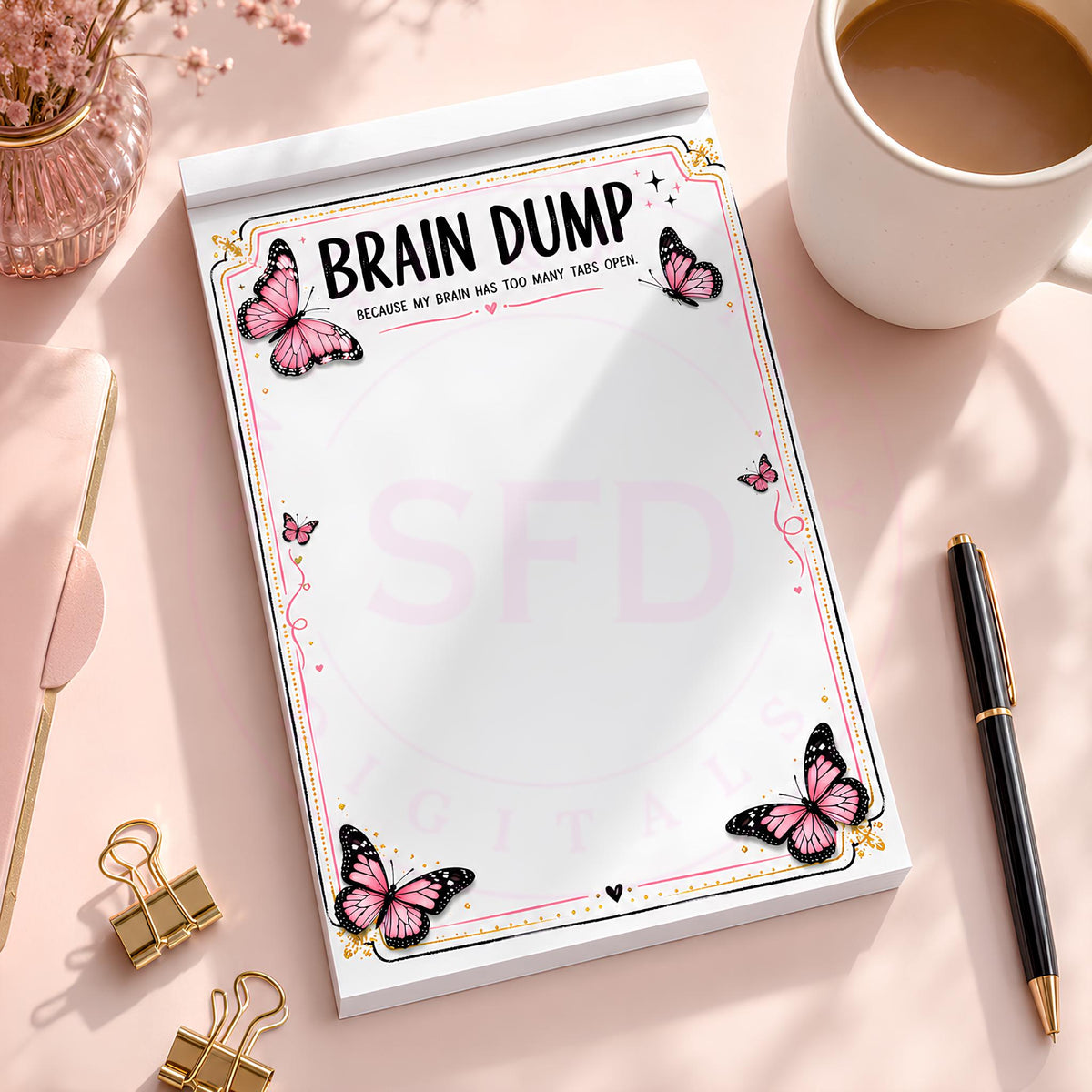 Brain Dump Notepad PNG, Funny Printable Notes Page, Pink Butterfly Stationery, Digital Download