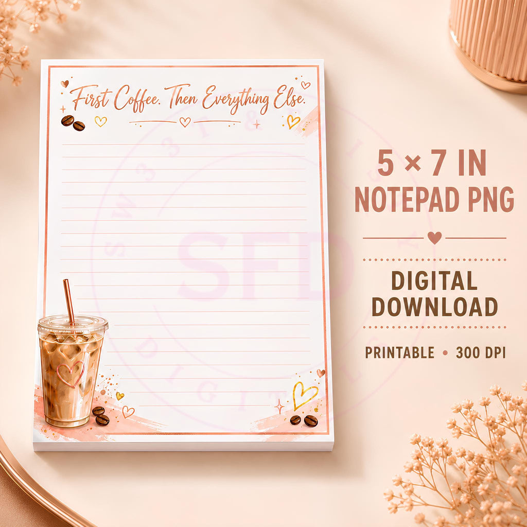 First Coffee Then Everything Else Notepad PNG | 5x7 Printable Lined Notes Page | Digital Download