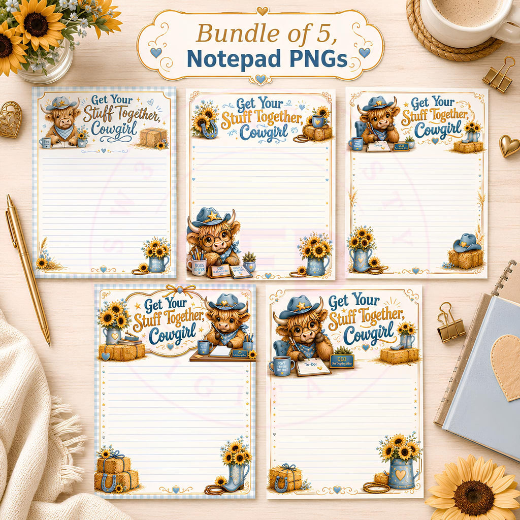 Cowgirl Notepad PNG Bundle, Highland Cow Printable Stationery, 8.5x11 Digital Download, Western Offi