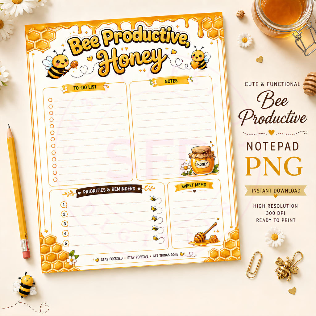 Bee Productive Honey Notepad PNG | To Do List | 8.5x11 Printable Planner Page | Digital Download