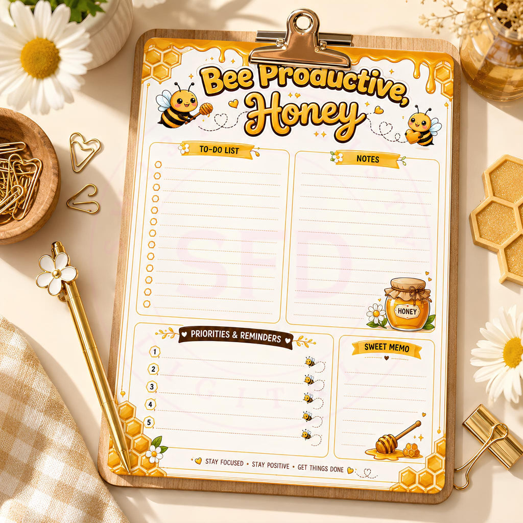 Bee Productive Honey Notepad PNG | To Do List | 8.5x11 Printable Planner Page | Digital Download
