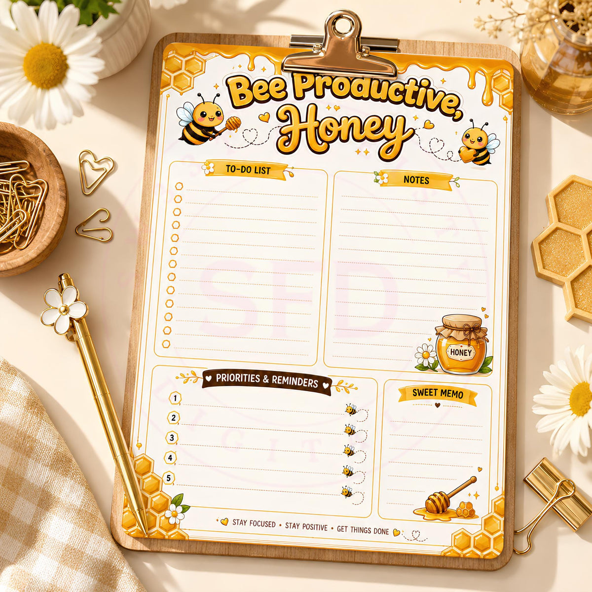 Bee Productive Honey Notepad PNG | To Do List | 8.5x11 Printable Planner Page | Digital Download