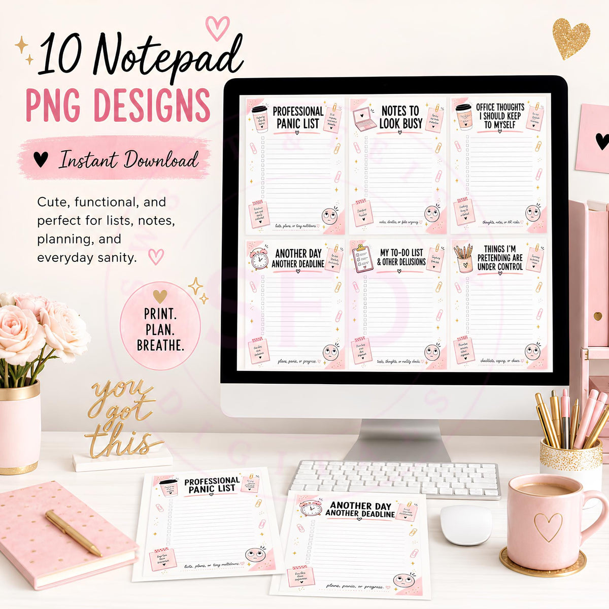 Sarcastic Office Notepad PNG Bundle, 10 Funny Work Checklist Designs, 5x7 Printable Notepad