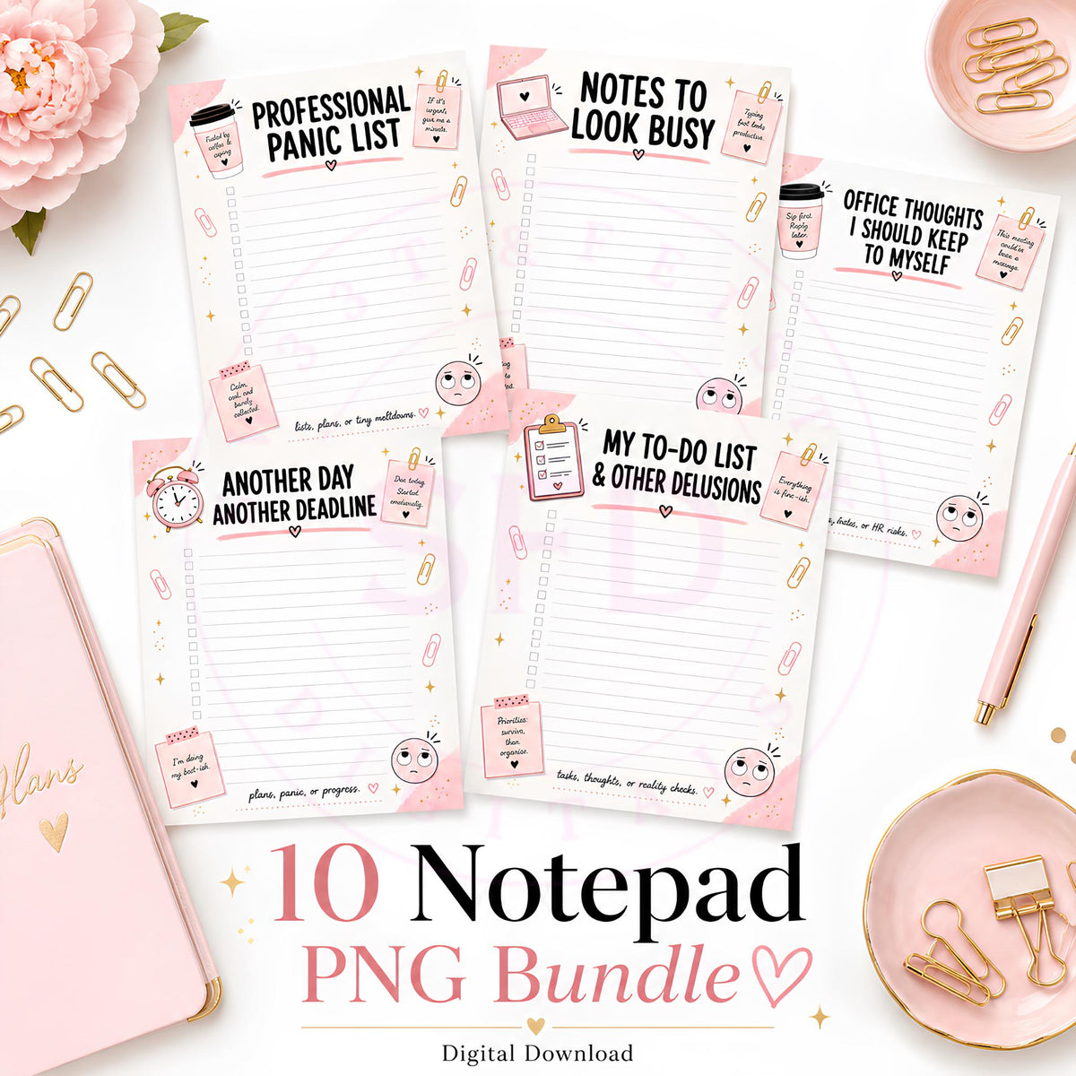 Sarcastic Office Notepad PNG Bundle, 10 Funny Work Checklist Designs, 5x7 Printable Notepad