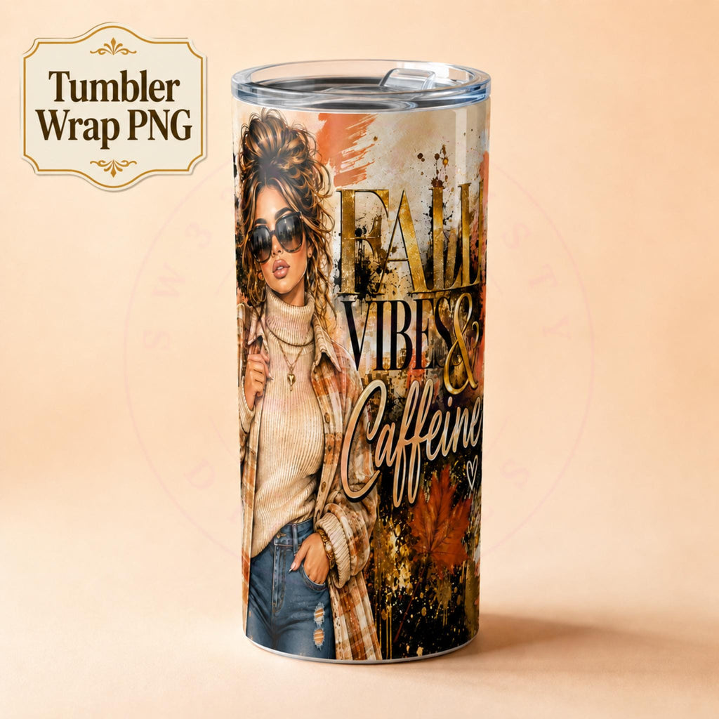 Fall Vibes & Caffeine Tumbler PNG | 20 oz Skinny Tumbler Wrap | Autumn Coffee Design