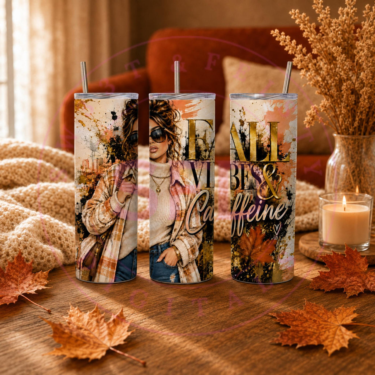 Fall Vibes & Caffeine Tumbler PNG | 20 oz Skinny Tumbler Wrap | Autumn Coffee Design
