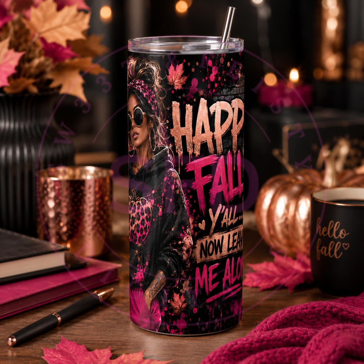 Happy Fall Y’all Tumbler Wrap PNG, Sarcastic Fall Sublimation Design, Leopard 20oz Skinny