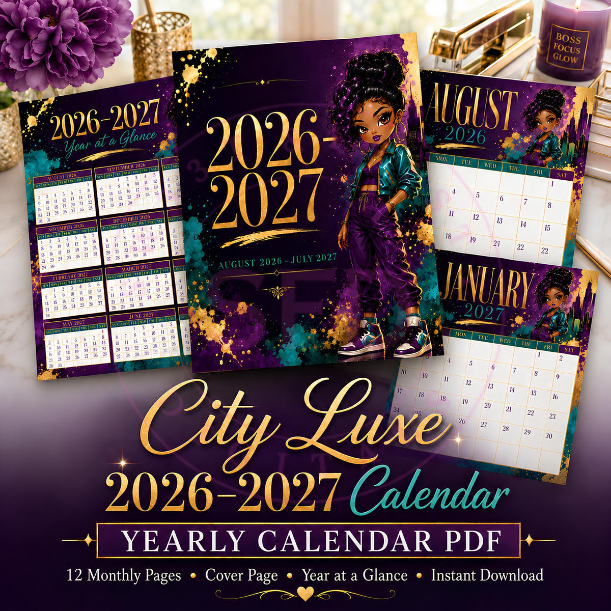 City Luxe 2026–2027 Calendar | Urban Glam Printable Monthly Calendar PDF