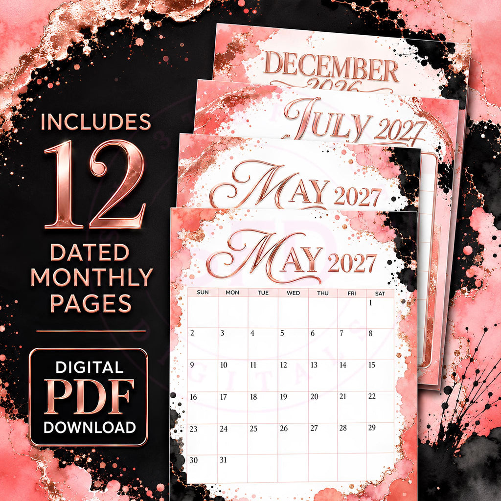Blush & Bold Rose Gold Monthly Planner, August 2026–July 2027, Printable Digital Download