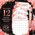 Blush & Bold Rose Gold Monthly Planner, August 2026–July 2027, Printable Digital Download