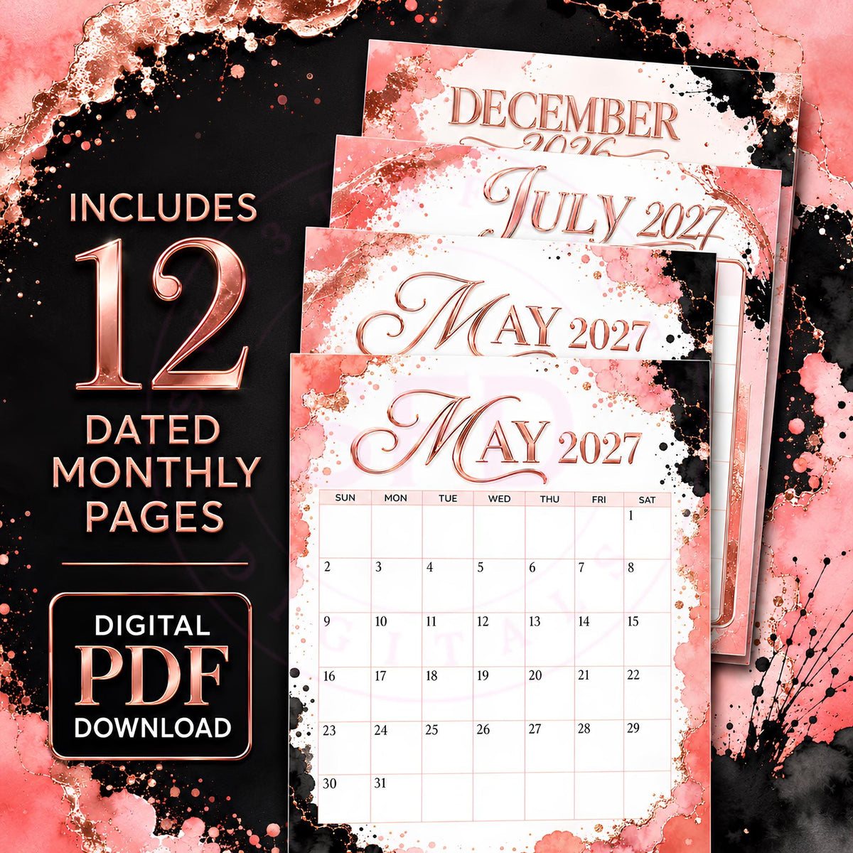 Blush & Bold Rose Gold Monthly Planner, August 2026–July 2027, Printable Digital Download