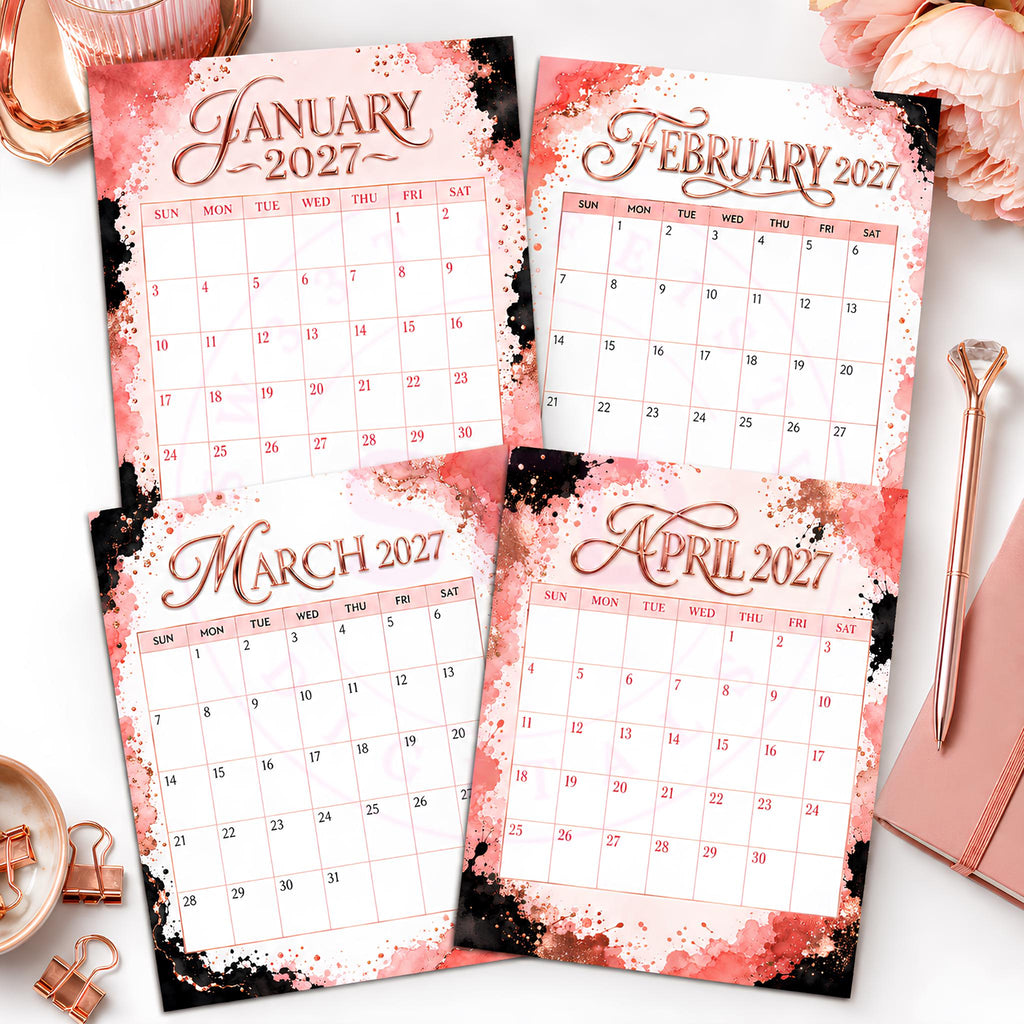 Blush & Bold Rose Gold Monthly Planner, August 2026–July 2027, Printable Digital Download