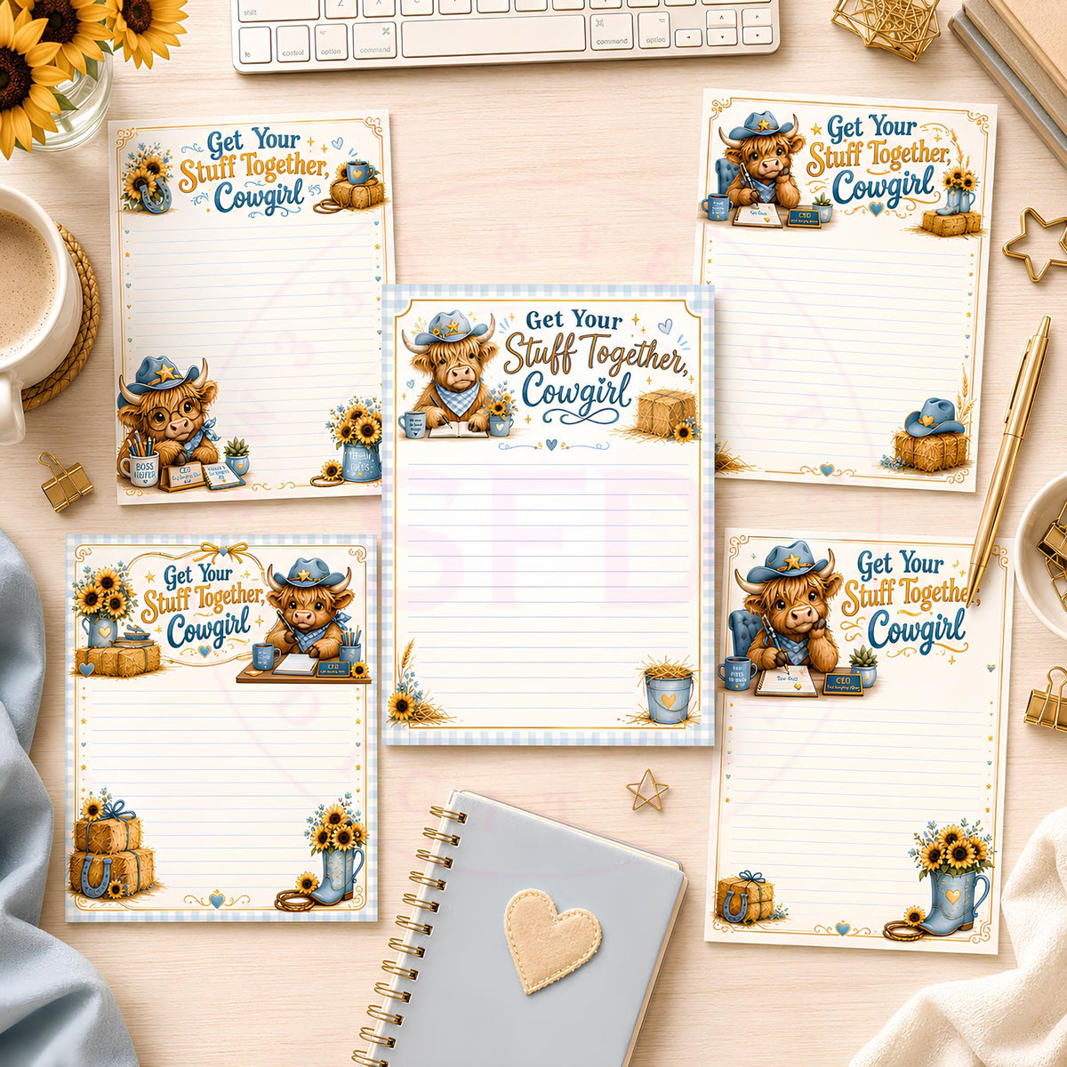 Cowgirl Notepad PNG Bundle, Highland Cow Printable Stationery, 8.5x11 Digital Download, Western Offi