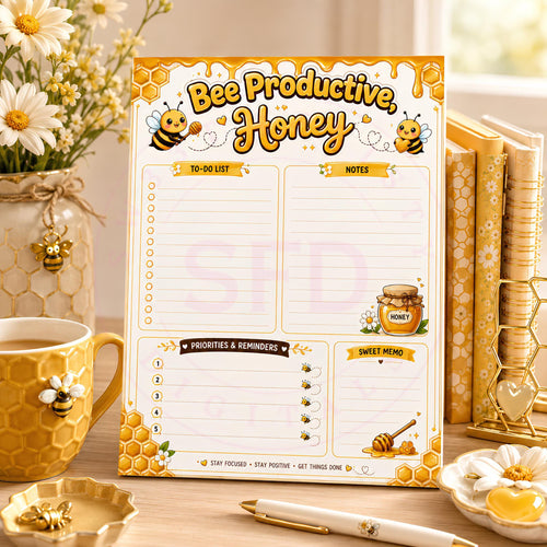 Bee Productive Honey Notepad PNG | To Do List | 8.5x11 Printable Planner Page | Digital Download