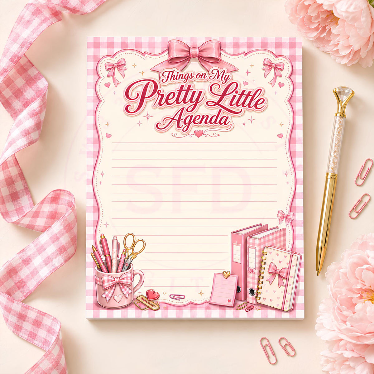 Things on My Pretty Little Agenda Notepad PNG | Pink Gingham Printable | Coquette Bow