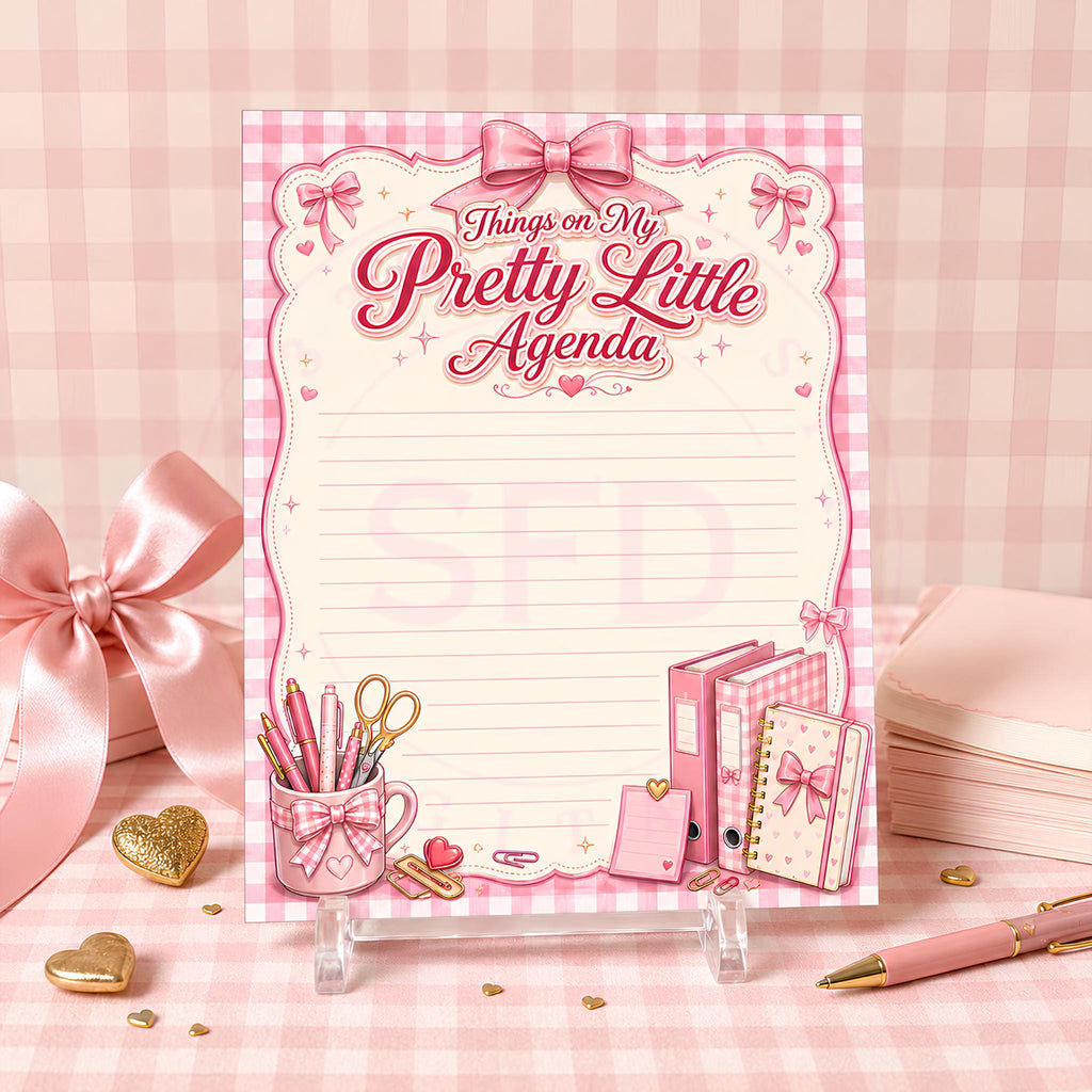 Things on My Pretty Little Agenda Notepad PNG | Pink Gingham Printable | Coquette Bow