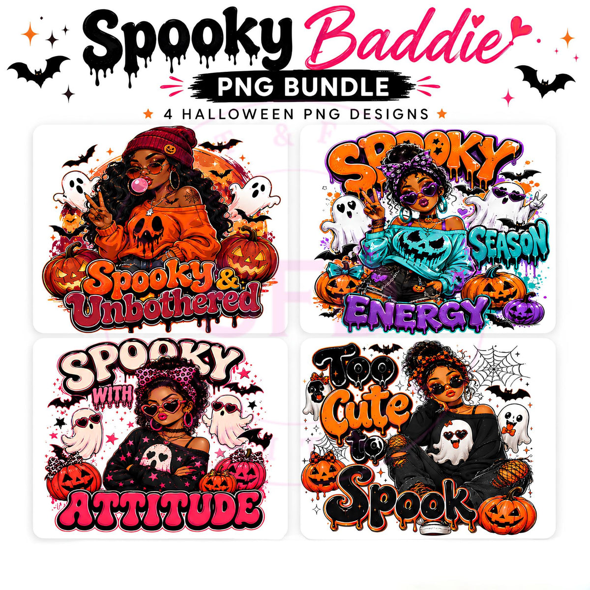Spooky Baddie Halloween PNG Bundle | 4 Sassy Spooky Girl T-shirt Designs