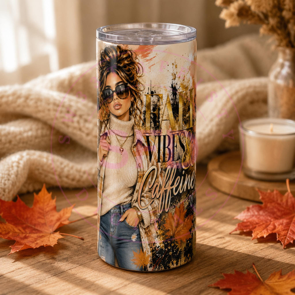 Fall Vibes & Caffeine Tumbler PNG | 20 oz Skinny Tumbler Wrap | Autumn Coffee Design