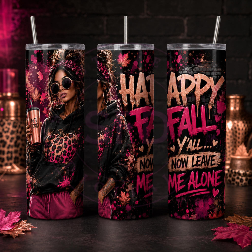 Happy Fall Y’all Tumbler Wrap PNG, Sarcastic Fall Sublimation Design, Leopard 20oz Skinny