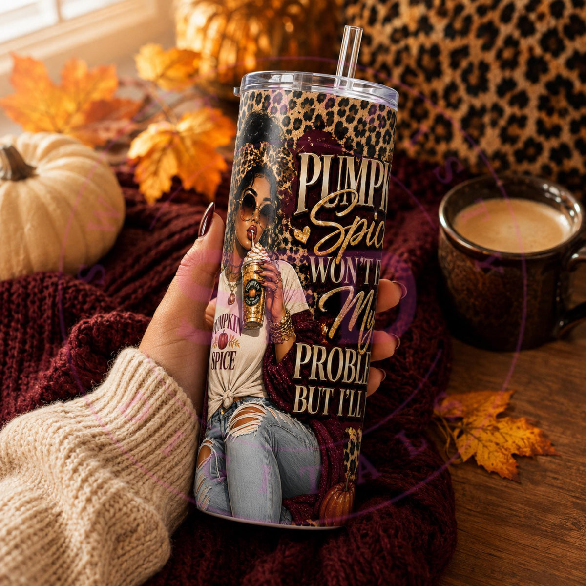 Pumpkin Spice Tumbler Wrap PNG, Funny Fall Sublimation Design, 20 oz Skinny Tumbler