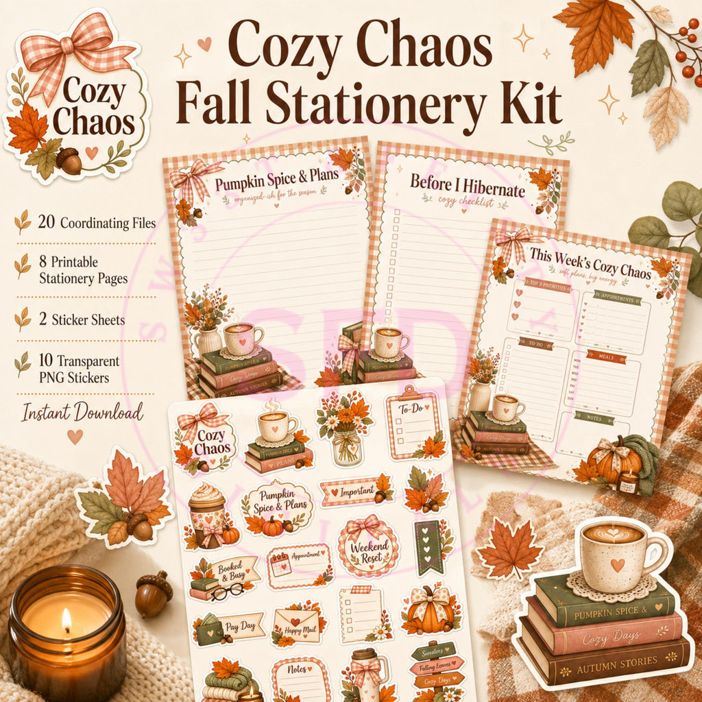 Cozy Chaos Fall Stationery Kit PNG Bundle | Printable Planner Pages | Fall Sticker PNGs