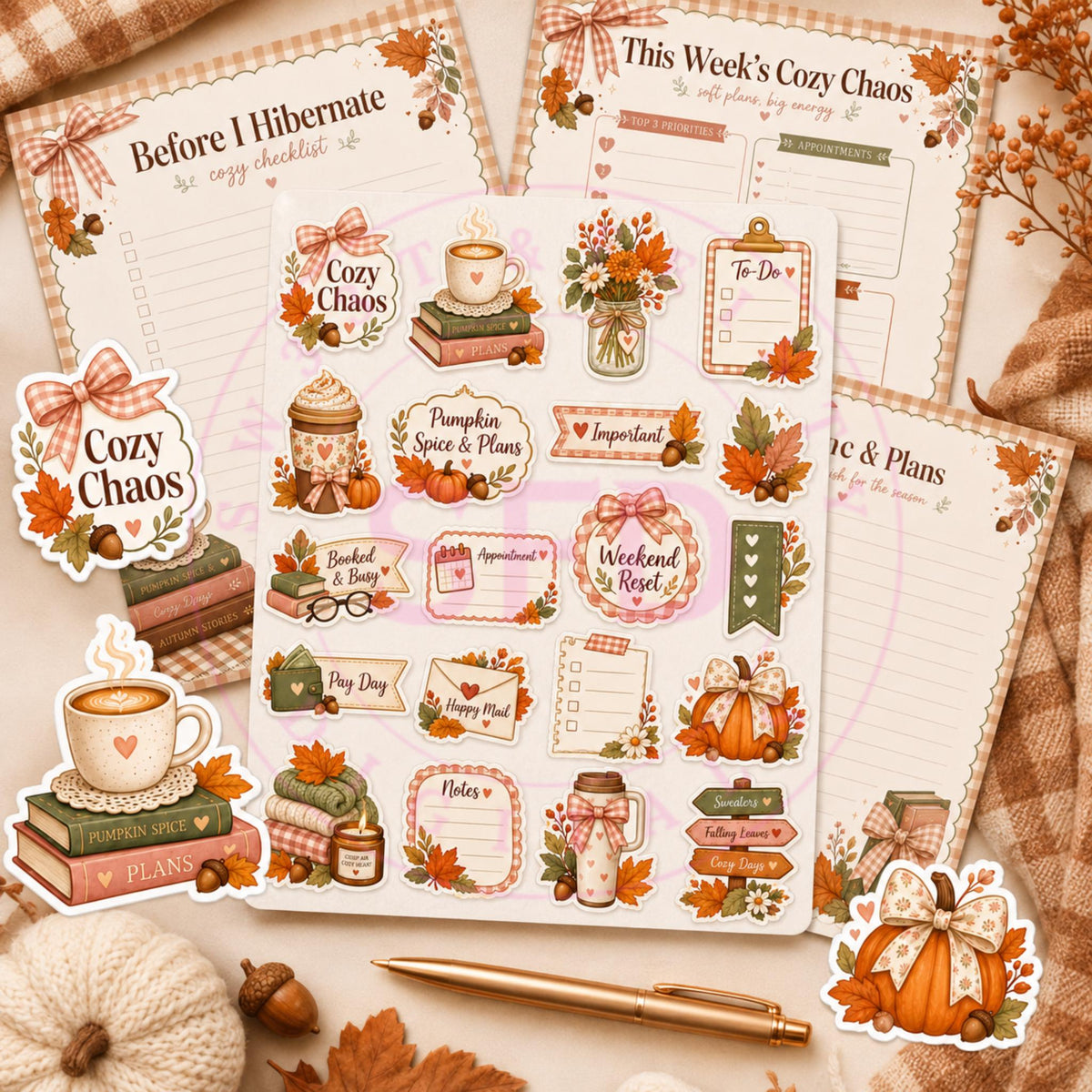 Cozy Chaos Fall Stationery Kit PNG Bundle | Printable Planner Pages | Fall Sticker PNGs